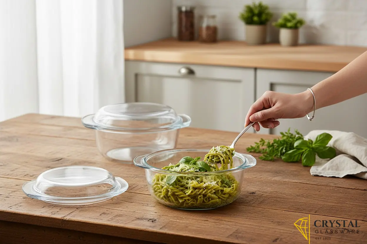 Glassware round casserole dishes with lids.